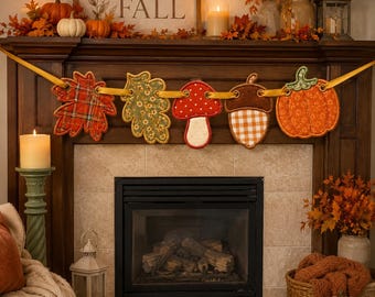 In The Hoop Fall Banner Embroidery Bundle, Fall Pumpkin Acorn Mushroom Leaf Applique Embroidery, ITH Project Machine File, Instant Download