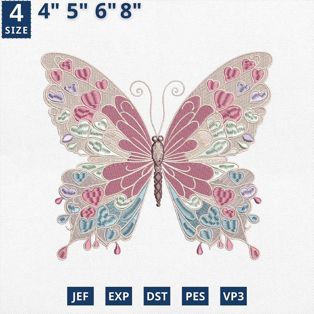 Butterfly Step File Floral Butterfly Embroidery File, Heart Wings Butterfly Design, Pastel ...