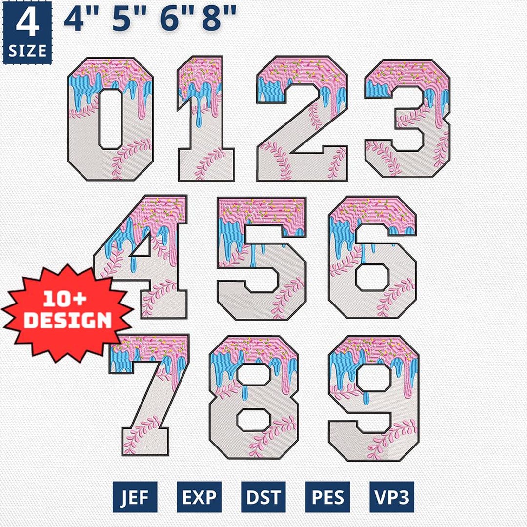 10 Baseball Ice Cream Drip Number Embroidery Design, Waffle Cone ...