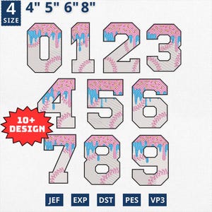 Diseño de bordado de números de béisbol con goteo de helado, bordado de números de cono de waffle, diseño de números de béisbol con goteo, béisbol para el día del juego