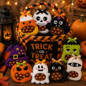 May include: A woven orange and black basket with the text TRICK OR TREAT, filled with felt Halloween ornaments including a candy corn, skull, bat, witch hat, pumpkin, ghost, black cat, Frankenstein monster, and mummy, each containing small round candies.