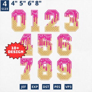 May include: Set of ten embroidery designs featuring numbers 0-9 in a waffle cone design with pink dripping icing. The designs are available in JEF, EXP, DST, PES, and VP3 formats.