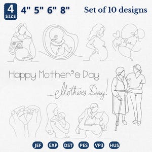 Pode incluir: Um conjunto de 10 desenhos de arte linear que retratam a gravidez, a maternidade e a família. O texto "Happy Mother's Day" e "Mother's Day!" também está presente. Tamanhos disponíveis: 10 cm, 13 cm, 15 cm e 20 cm.