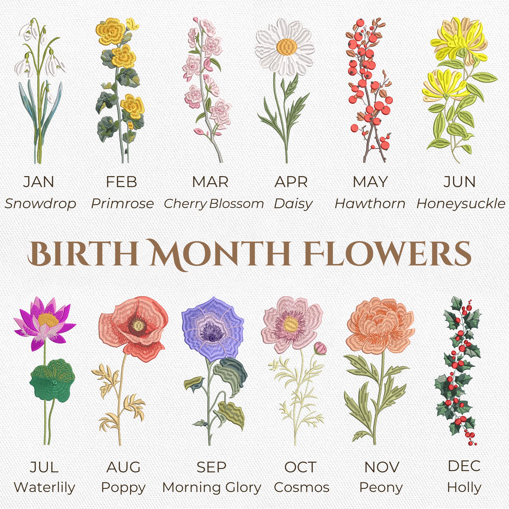 Birth Month Flowers Embroidery Bundle, 12 Month Floral Machine