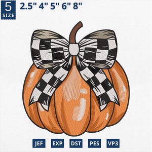 Pumpkin Coquette Bow Embroidery Design, Halloween Checkered Bow Machine File, Fall Pumpkin Embroidery File, Spooky Season, Instant Download