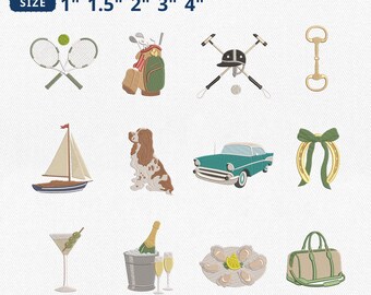 Mini Old Money Icons Embroidery Bundle, Tennis Golf Polo Yacht Champagne Dog Embroidery, Aesthetic Mini Machine File, Instant Download