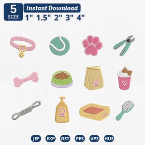 Può includere: Un set di ricami digitali con dodici icone a tema animali domestici, tra cui un collare, una pallina da tennis, un'impronta, un tagliaunghie, un osso, una ciotola, un sacchetto di premi, un cupcake, una corda, uno shampoo, una cuccia e una spazzola.