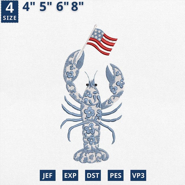 Patriotic Lobster Embroidery Design, Chinoiserie Lobster Embroidery File, USA Flag Sea Life Machine File, Nautical Blue Embroidery File