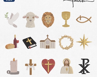 Mini Christian Icons Bundle Embroidery Design, Religious Faith Jesus Machine File, Holy Communion Bible Aesthetic Design, Instant Download