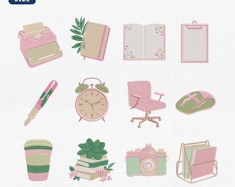Mini Planner Aesthetic Icons Embroidery Bundle, Pink Desk Office Supplies Machine File, Journaling Writer Studygram File, Instant Download