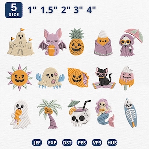 May include: A collection of fifteen embroidered patches featuring Halloween and summer themes, including a sandcastle, bat, pineapple, candy corn, ghost, sun, crab, seashell, cat, popsicle, palm tree, skull drink, mermaid, and surfboard. Sizes 2.5cm to 10cm.