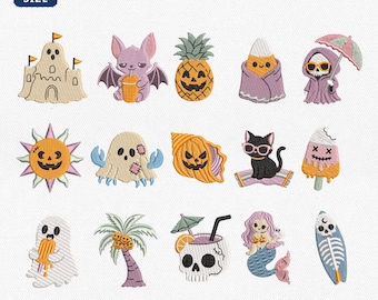 Mini Summerween Icons Embroidery Bundle, Tropical Halloween Spooky Summer Machine File, Beach Goth Mermaid Skull Aesthetic, Instant Download