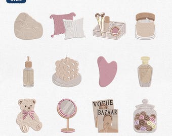 Mini Soft Girl Pink Beauty Icons Embroidery Bundle, Sleepover Slumber Party Machine File, Clean Girl Skincare Aesthetic, Instant Download