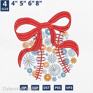 Peut inclure: Motif brodé avec un nœud rouge et un motif floral de marguerites blanches, bleues et jaunes. Le design est disponible en tailles 10 cm, 13 cm, 15 cm et 20 cm et comprend les formats de fichiers JEF, EXP, DST, PES et VP3.