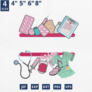 Könnte beinhalten: Ein Stickdesign mit medizinischen Utensilien und Werkzeugen. Das Design umfasst Pillen, Spritzen, einen Klemmbrett, ein Stethoskop, eine Arzttasche und einen Kittel. Die Größen sind 10 cm, 13 cm, 15 cm und 20 cm.