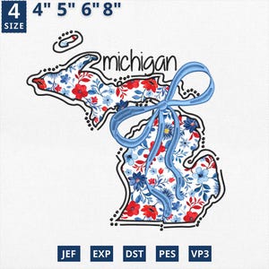 Carte de l'État du 4 juillet appliques, broderie d'État coquette florale du Michigan appliques, design contour du Michigan toile floral bleu