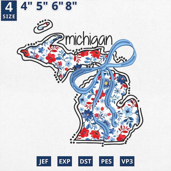 Aplique del 4 de julio con el mapa del estado, diseño de aplique floral con bordado estatal de Michigan, diseño de contorno de Michigan con toile floral azul