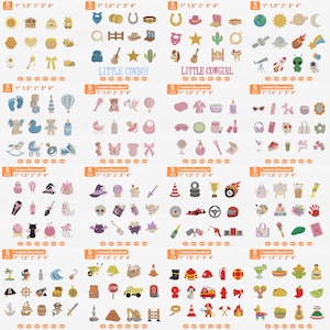 May include: A digital collection of embroidery design icons arranged in a grid, featuring themes like cowboys, space, baby items, Halloween, racing, art, pirates, and emergency services. Each icon set includes size labels 1, 1.5, 2, 3, and 4 inches.
