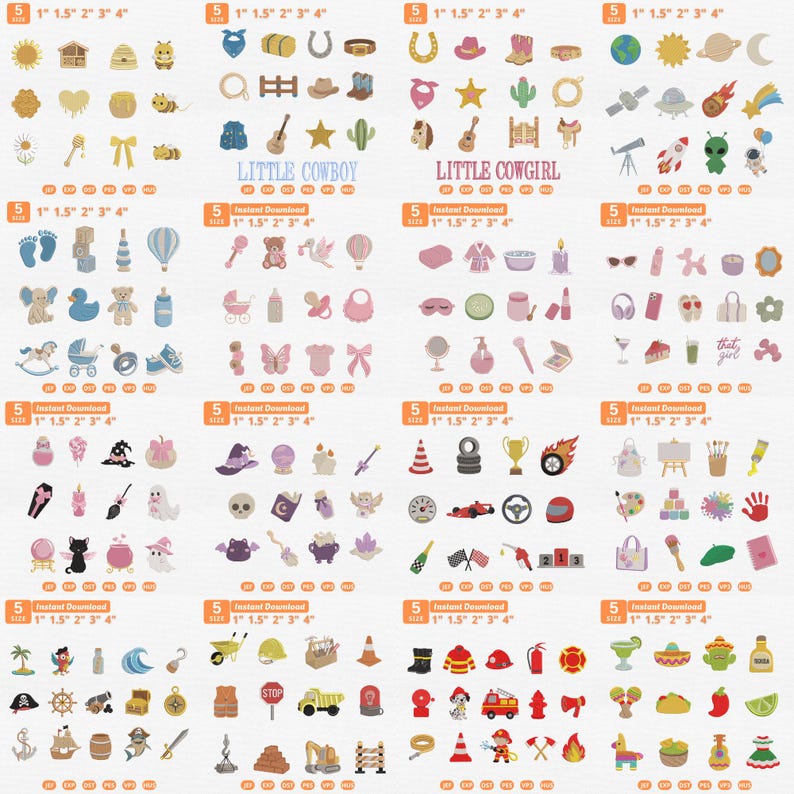 May include: A digital collection of embroidery design icons arranged in a grid, featuring themes like cowboys, space, baby items, Halloween, racing, art, pirates, and emergency services. Each icon set includes size labels 1, 1.5, 2, 3, and 4 inches.
