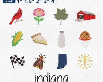 Mini Indiana Icons Embroidery Bundle, Hoosier Cardinal Peony Race Flag Basketball Embroidery File, State Map Machine File, Instant Download
