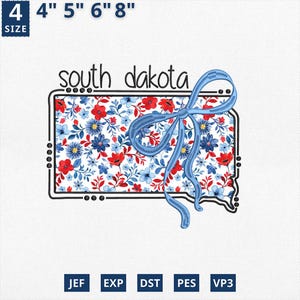 Carte de l'État du 4 juillet appliqué, broderie d'État coquette florale du Dakota du Sud appliques, toile florale bleue Dakota du Sud contour design
