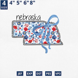 Carte de l'État appliqué le 4 juillet, broderie d'État Coquette florale Nebraska Applique Design, toile florale bleue Nebraska Design contour