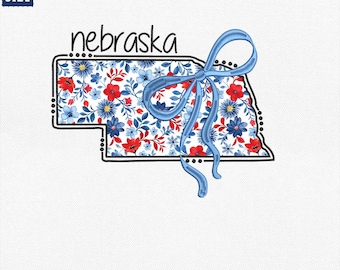 State Map 4th of July Applique, State Embroidery Floral Coquette Nebraska Applique Design, Blue Floral Toile Nebraska Outline Design