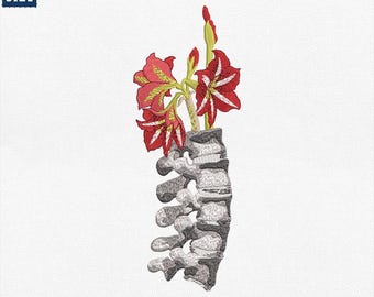 Op de afbeelding: Een borduurontwerp met een gestileerde wervelkolom met rode en witte bloemen. Het ontwerp is beschikbaar in de maten 10 cm, 13 cm, 15 cm en 20 cm en in de formaten JEF, EXP, DST, PES en VP3. De bloemen hebben rode bloemblaadjes met witte strepen.