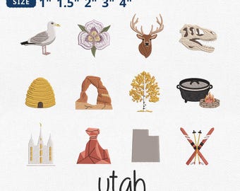 Mini Utah Icons Embroidery Bundle, Delicate Arch Beehive Elk Sego Lily Dinosaur Embroidery, Icons State Map Machine File, Instant Download