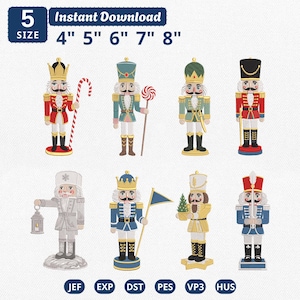 Puede incluir: Ocho diseños de bordado digital de figuras de cascanueces con uniformes y colores variados, incluyendo rojo, azul, verde y blanco. El texto dice 5 SIZE 4" 5" 6" 7" 8" e Instant Download. Se listan los formatos JEF, EXP, DST, PES, VP3 y HUS.