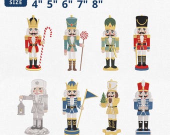 Könnte beinhalten: Acht digitale Stickmuster von Nussknacker-Figuren in verschiedenen Uniformen und Farben, darunter Rot, Blau, Grün und Weiß. Der Text lautet 5 SIZE 4" 5" 6" 7" 8" und Instant Download. Die Dateiformate JEF, EXP, DST, PES, VP3 und HUS sind aufgeführt.