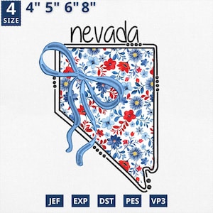 Aplique del 4 de julio con el mapa del estado, diseño de aplique floral de Nevada con bordado estatal, diseño de contorno de Nevada con toile floral azul