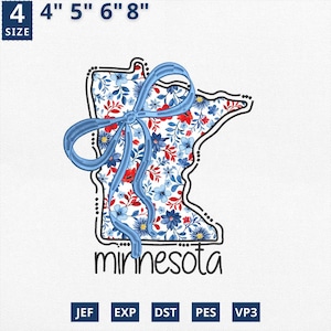 Applique du 4 juillet de la carte de l'État, broderie d'État coquette florale Minnesota applique design, toile florale bleue Minnesota contour design