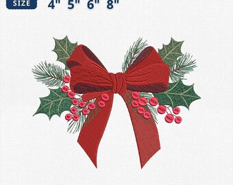 Christmas Bow Embroidery Design, Red Ribbon Holly Berry Pine Embroidery File, Merry Christmas Machine Embroidery File, Instant Download