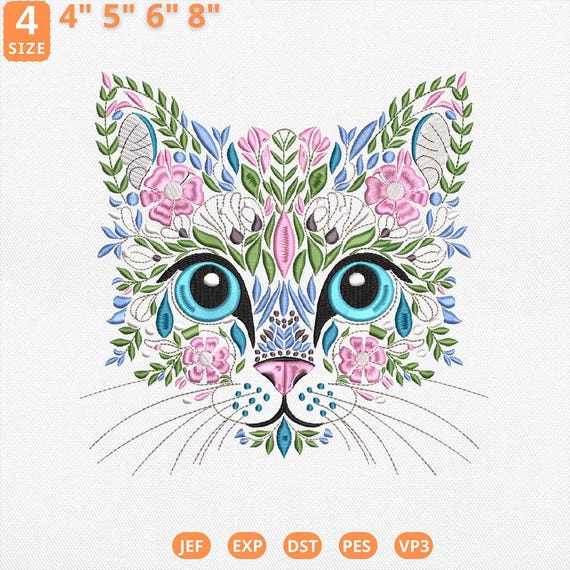 オーダーページ　227 花ねこちゃん柄　1/9　ハンドメイド 花柄猫の顔刺繍デザイン、野花猫のミシンファイル、植物動物のステッチ