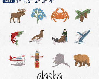 Mini Alaska Embroidery Bundle, Wild Moose Bear Salmon Crab Whale Dog Sled Embroidery, State Map Bush Plane Machine File, Instant Download