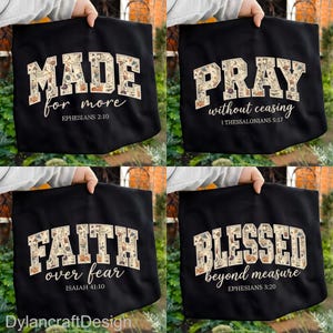 May include: Black tote bags featuring inspirational quotes in a collegiate font. The quotes include "MADE for more," "PRAY without ceasing," "FAITH over fear," and "BLESSED beyond measure." Each word is filled with a floral pattern.