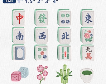 Mini Mahjong Embroidery Bundle, Game Night Chinese Tile Dragon Wind Flower Dice Embroidery, Bamboo Tea Machine File, Instant Download