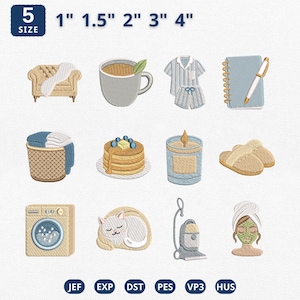 May include: A collection of twelve machine embroidery designs featuring a beige sofa, a coffee mug, pajamas, a notebook with a pen, a laundry basket, pancakes, a candle, slippers, a washing machine, a cat, a vacuum, and a person with a face mask.