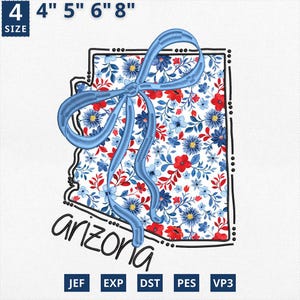 Carte de l'État du 4 juillet appliqué, broderie d'État coquette florale Arizona applique design, toile florale bleue Arizona contour design