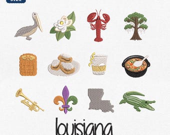 Mini Louisiana Icons Bundle Embroidery Design, New Orleans Mardi Gras Embroidery File, Southern Gumbo Jazz Machine File, Instant Download