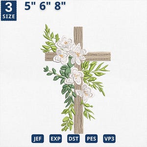 Cross With Flower Embroidery Design, Spring Easter Sublimation Designs, Easter Christian Crucifix Cross Embroidery, Cross Greenery Design