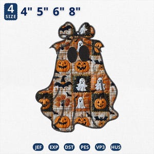 May include: A ghost-shaped embroidery design featuring a patchwork pattern of orange pumpkins, white ghosts, and black bats on a plaid background. The design includes a bow at the top and text indicating 4, 4", 5", 6", and 8" sizes.