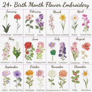 Peut inclure: Un tableau de broderie avec 24+ fleurs de naissance. Chaque mois est représenté par une illustration florale et le nom de la fleur. Les fleurs incluent perce-neige, œillet, rose, pavot, etc. Le texte "24+ Birth Month Flower Embroidery" est en haut.