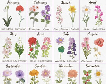 Motif de broderie fleurs 24 mois de naissance, motif de broderie fleurs sauvages, motif floral pour le mois de naissance, fichier anniversaire fleur, téléchargement immédiat