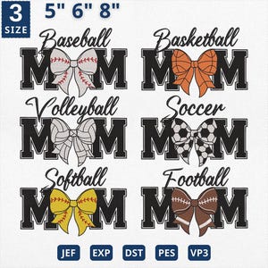 Peut inclure: Une feuille de conception de broderie num&eacute;rique pr&eacute;sentant six motifs diff&eacute;rents sur le th&egrave;me du sport "MAMAN". Les motifs comprennent le baseball, le basketball, le volley-ball, le football, le softball et le football am&eacute;ricain. Chaque motif pr&eacute;sente un n&oelig;ud avec un motif sur le th&egrave;me du sport et le mot "MAMAN" en lettres noires.