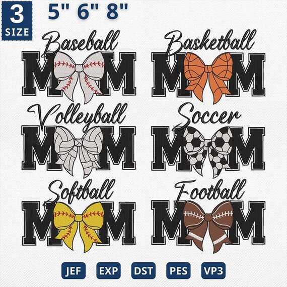6 Sports Mom Embroidery Design, Gameday Coquette Bow Design, Baseball Mom Design, Volleyball Mom Design, Soccer Mom Design, Gameday Season