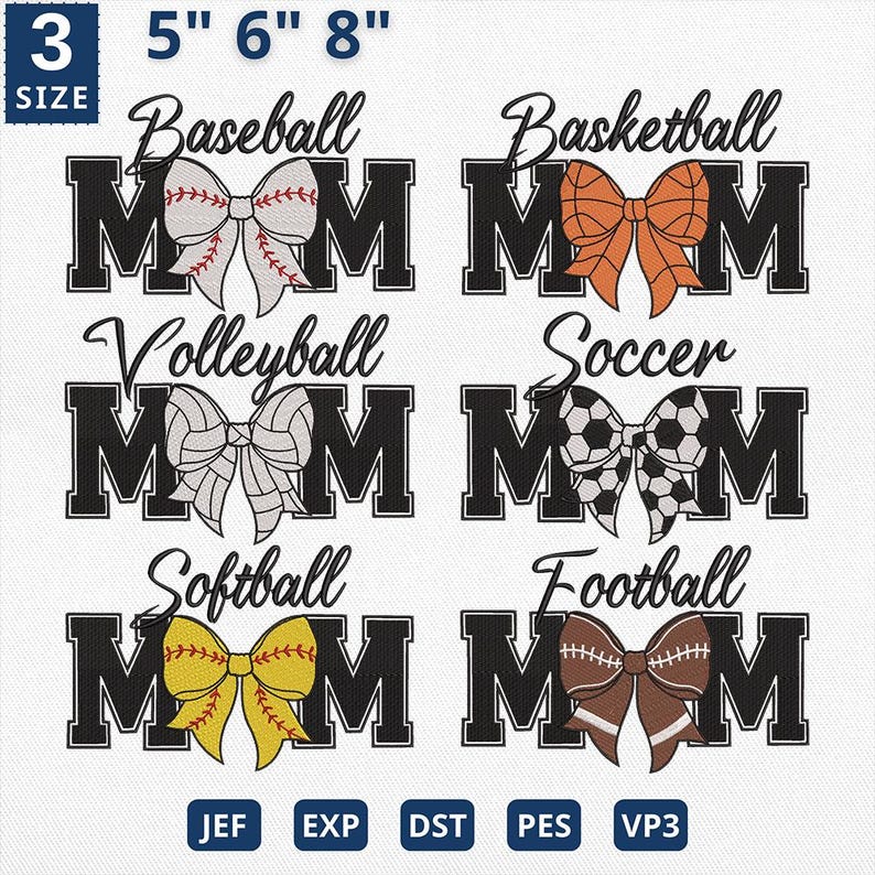 Peut inclure: Une feuille de conception de broderie num&eacute;rique pr&eacute;sentant six motifs diff&eacute;rents sur le th&egrave;me du sport "MAMAN". Les motifs comprennent le baseball, le basketball, le volley-ball, le football, le softball et le football am&eacute;ricain. Chaque motif pr&eacute;sente un n&oelig;ud avec un motif sur le th&egrave;me du sport et le mot "MAMAN" en lettres noires.