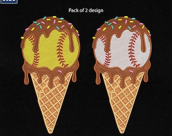 Bordado de helado con goteo de béisbol, bordado de helado con goteo de sóftbol, diseño de helado con goteo, béisbol con helado para el día del partido, descarga instantánea