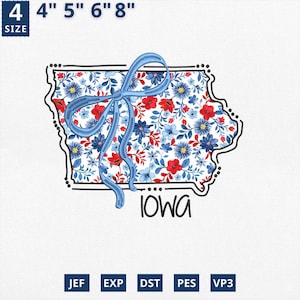 Carte de l'État appliqué le 4 juillet, broderie d'État coquette florale de l'Iowa motif appliqué, motif floral bleu toile de l'Iowa